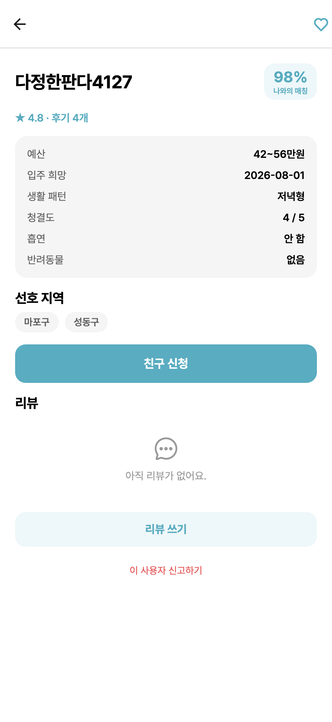 쉐어하우스 상세 화면 — 월세, 방 사진, 거주자 후기